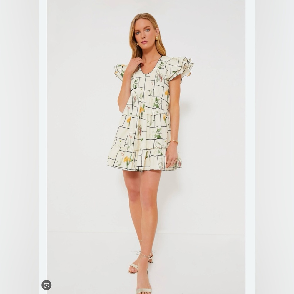 Tuckernuck Cream Floral Tiered Mini Dress with Green and Yellow Details